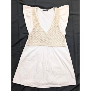 Zara White & Beige Open Crochet Faux Vest Tunic Dress Women's Size Small
